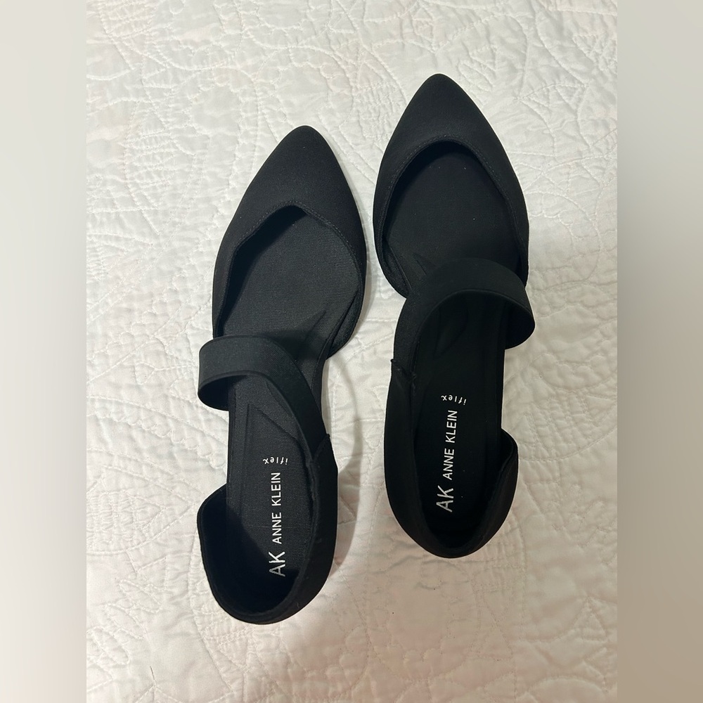 New, no box 
Fabric 
Anne Klein Black Flats with Pointed Toe and d'Orsay Cut